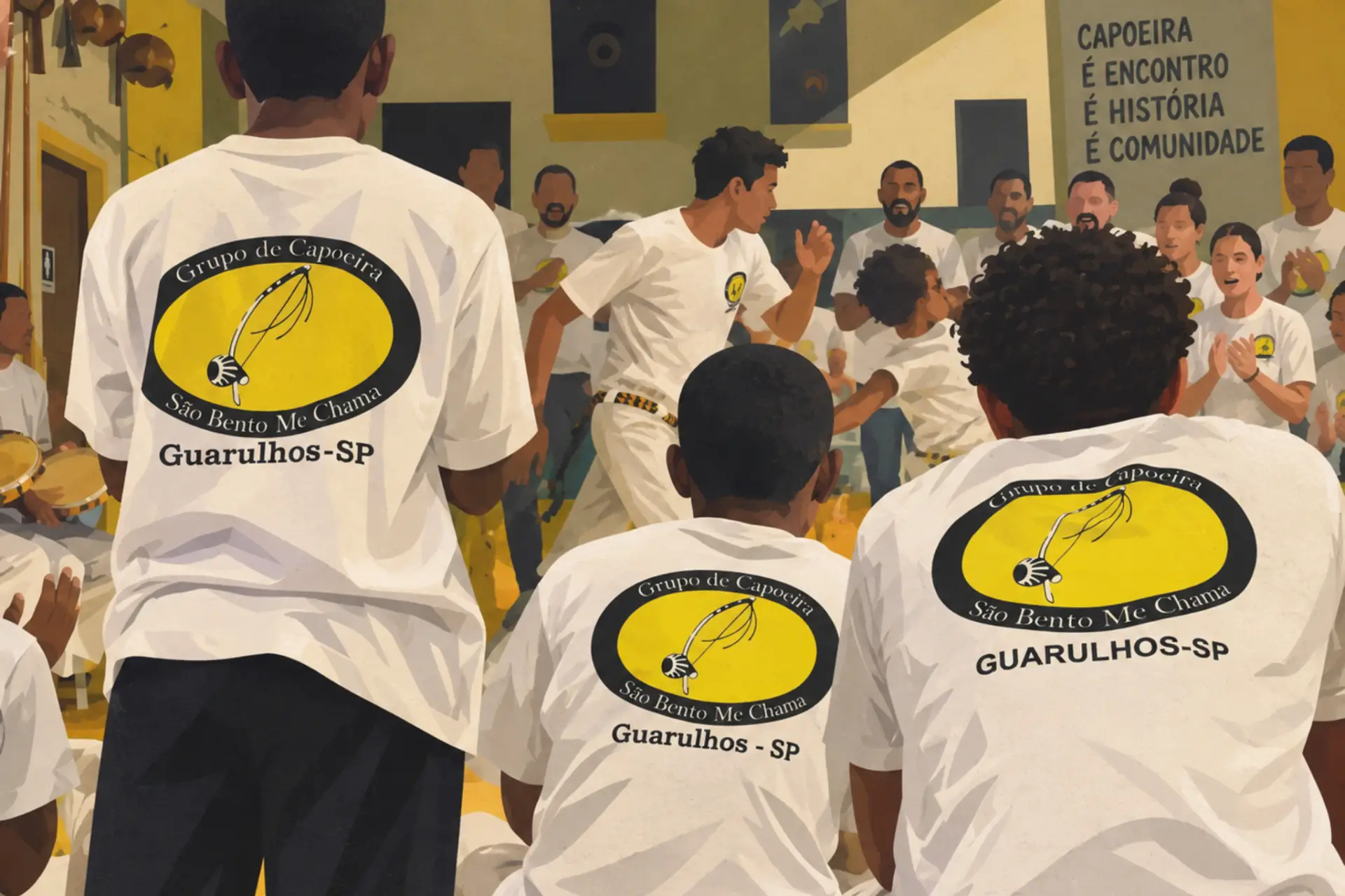 Ilustração de uma roda do São Bento Me Chama vista de trás, com alunos de camiseta do grupo