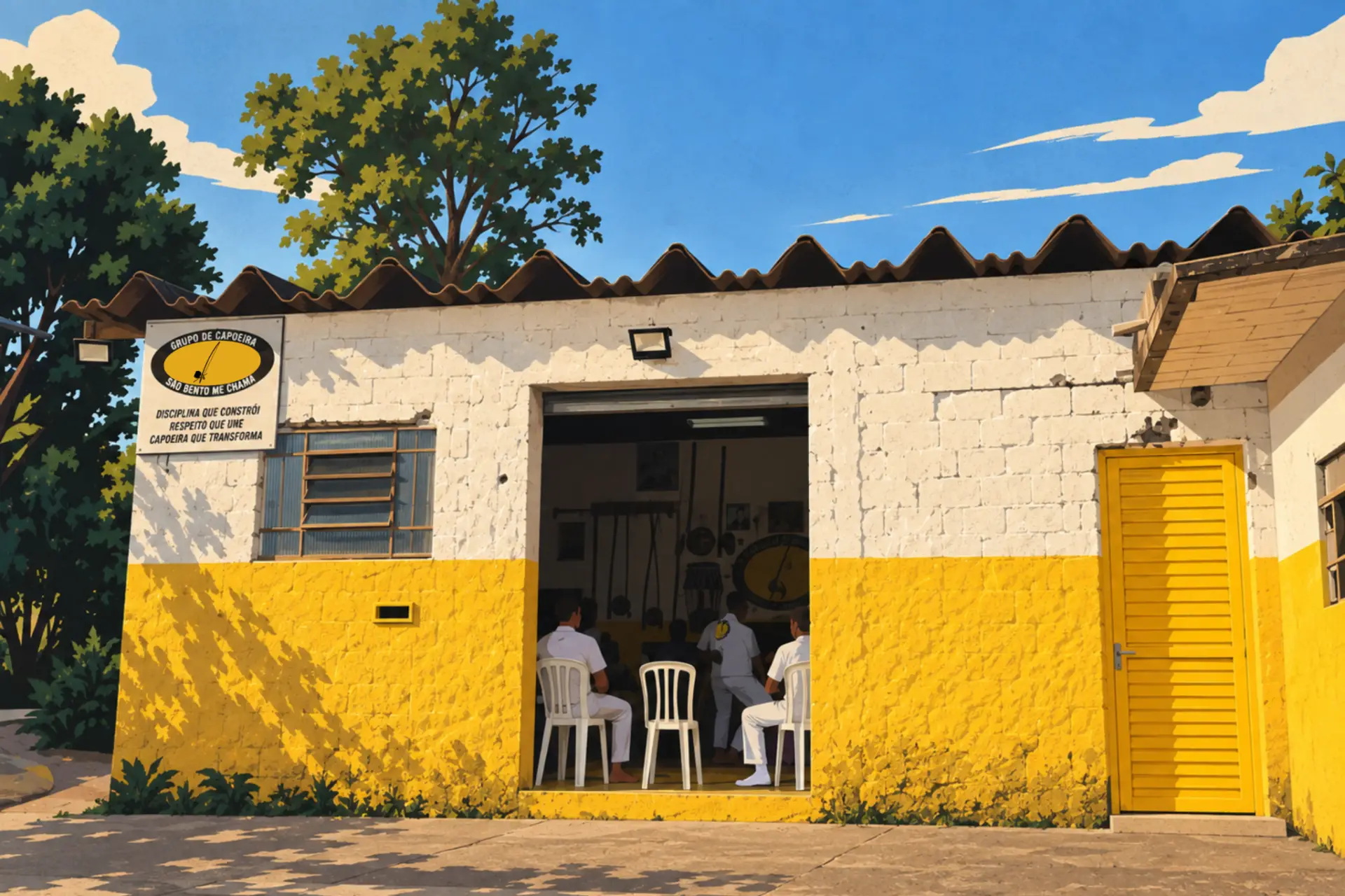 Ilustração da fachada amarela e branca da sede do grupo, com a porta aberta para a aula