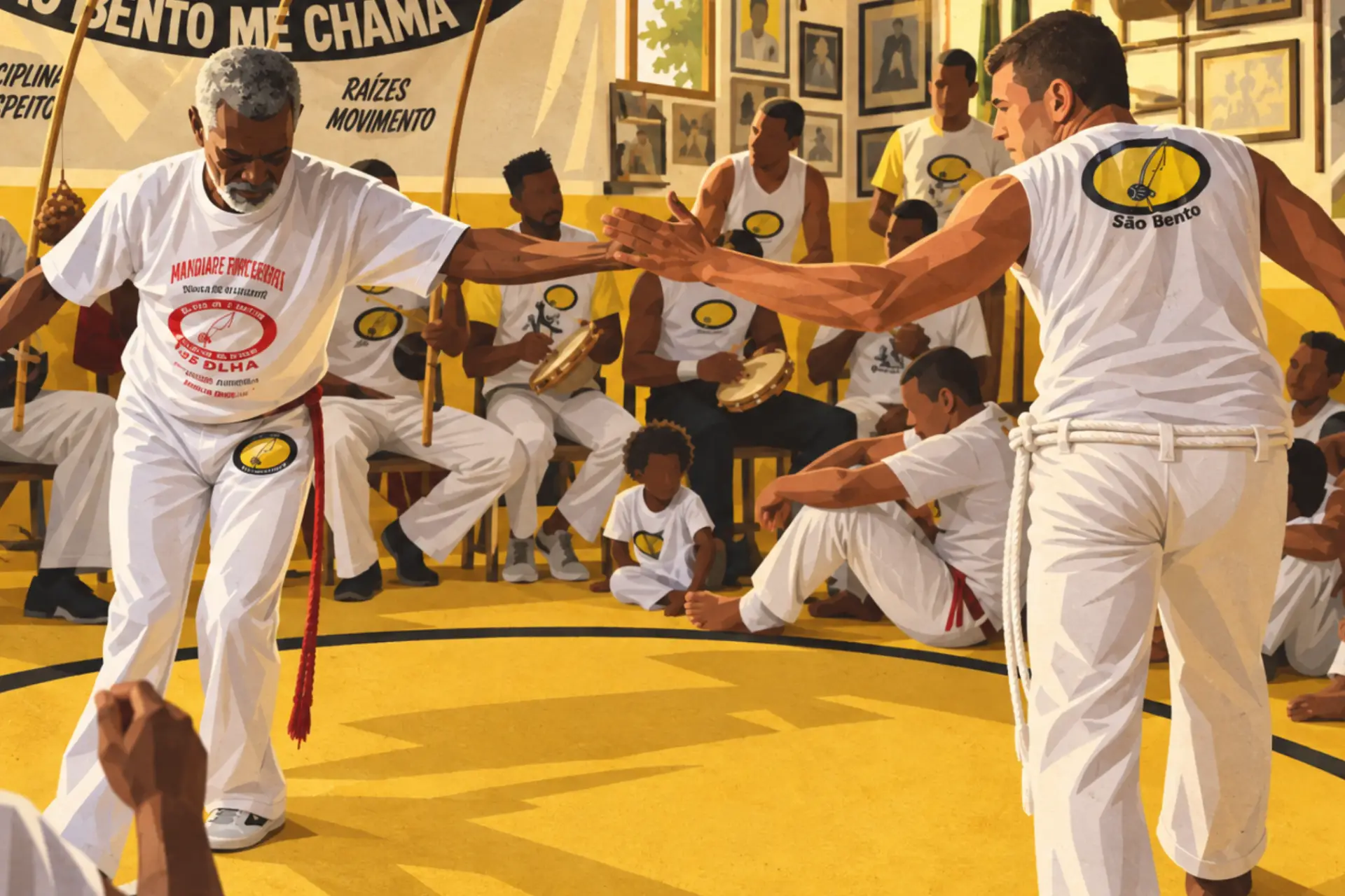 Ilustração de dois capoeiristas se cumprimentando no início do jogo, com a bateria ao fundo