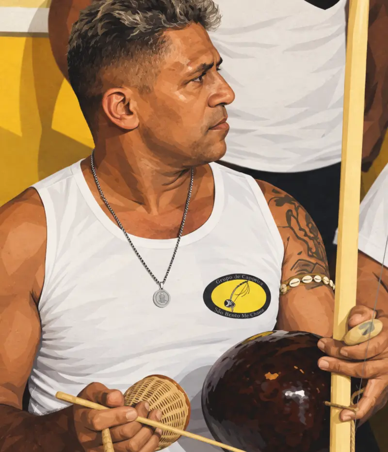 Retrato ilustrado de Mestre Talismã tocando berimbau